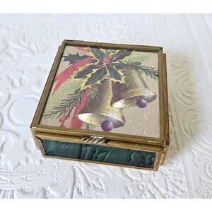 Vintage Enesco Trinket Box Brass Green Glass Christmas Bells Holly Jewelry